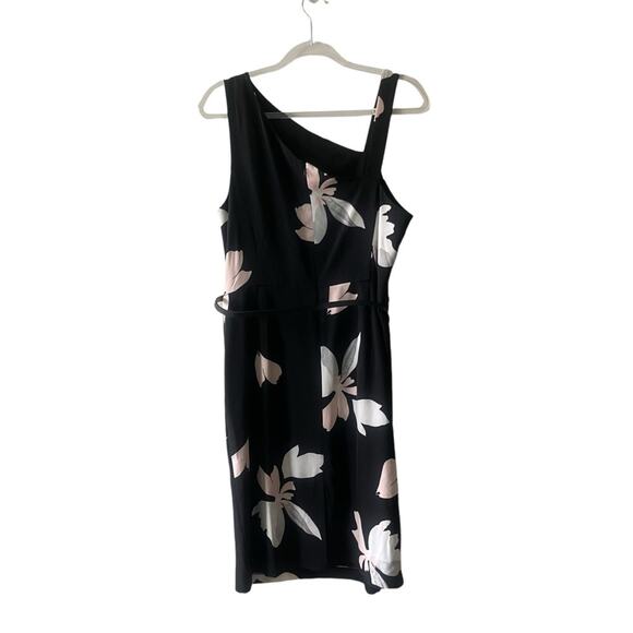 Jones New York Floral Asymmetrical Sleeveless Belted Mid Calf Dress Black 14 - Picture 4 of 10
